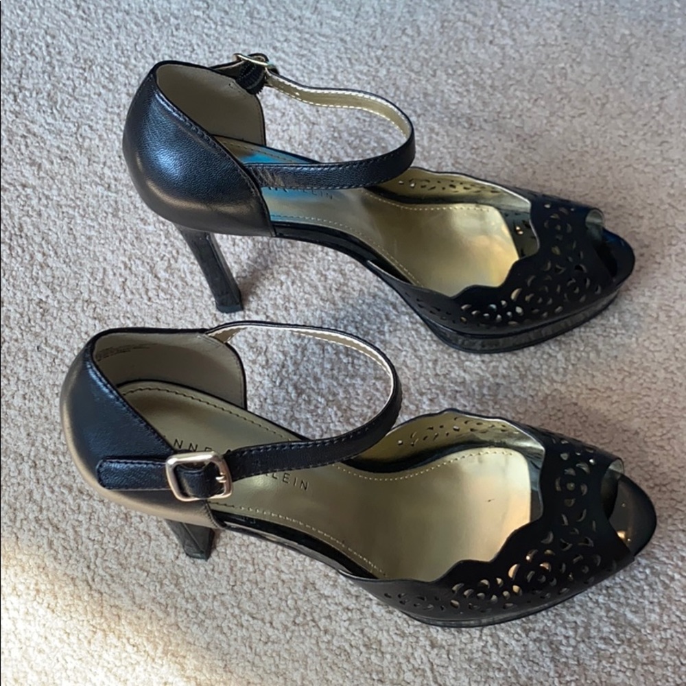 Anne Klein Black Open Toe Heels Laser Cut Design